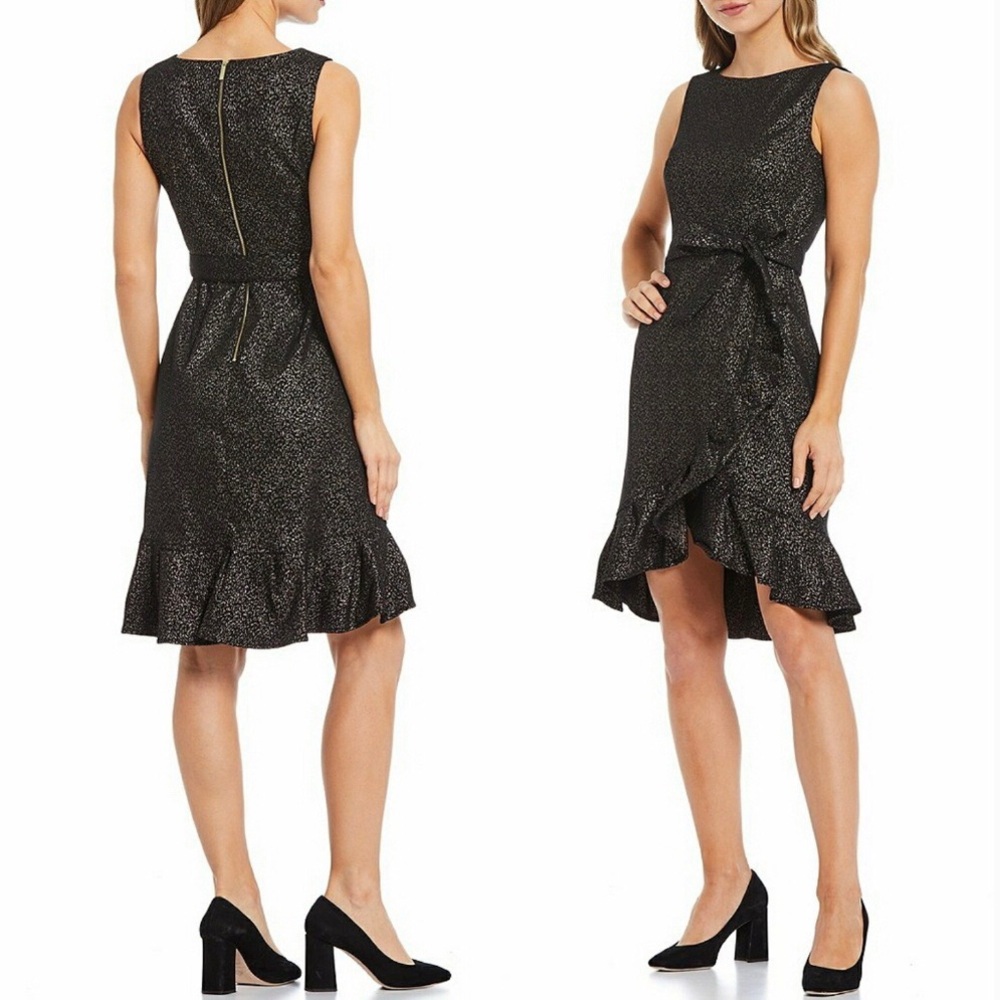 Calvin Klein Shimmer High Low Stretchy Black & Gold Ruffle Party Dress NWT | 10
